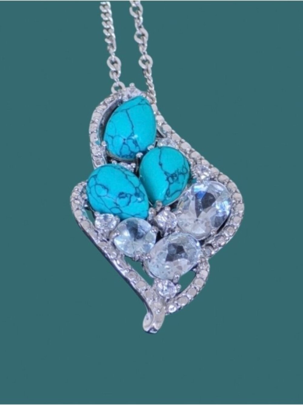 Natural Blue Turquoise, White Topaz & Cz 925 Sterling‎ Silver Necklace.